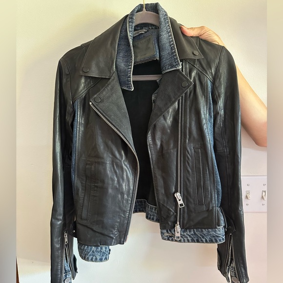 All Saints Black Leather/Denim Biker Jacket - Picture 1 of 5